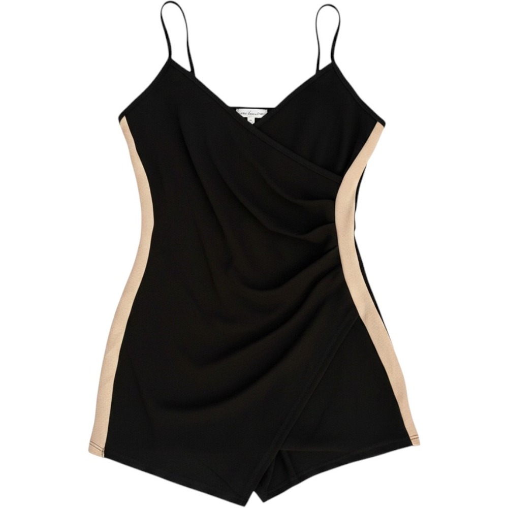 Almost Famous Womens XL Black Tan Side Stripe Surplice Wrap Front Romper Tank